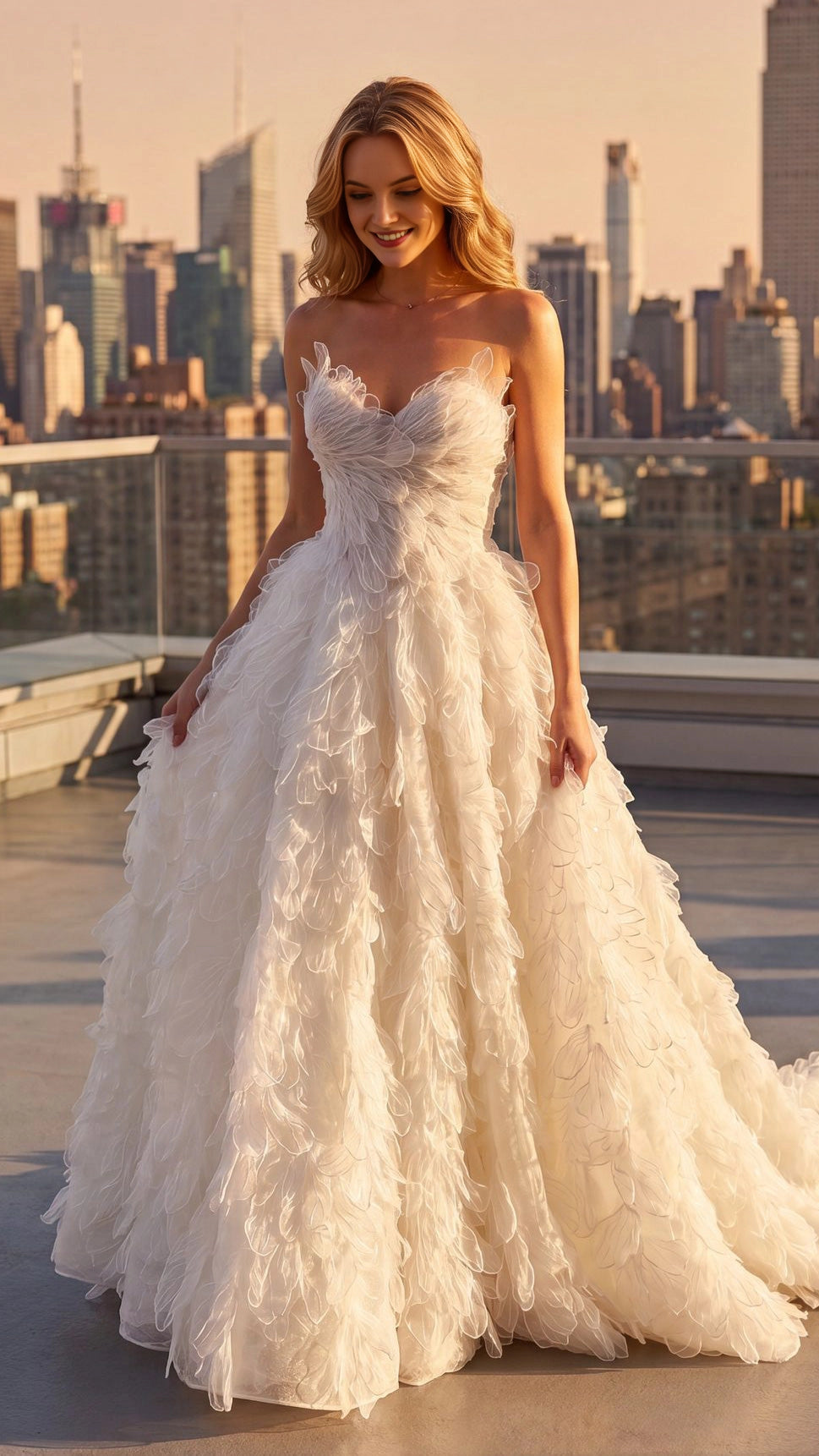 Vedress airy strapless ballgown wedding dress with handmade 3D petal tulle appliques for rooftop sunset wedding